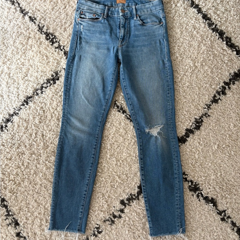 MOTHER The Looker Ankle Frey wash Love Gun Light Blue Distressed Skinny Jeans